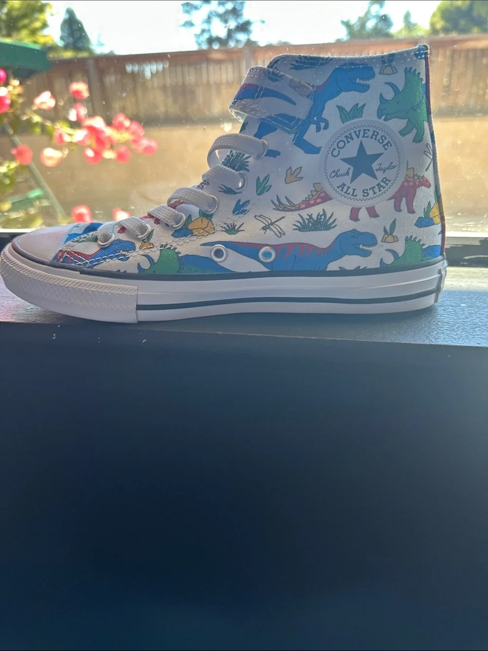 Converse Kids White High-Top Sneakers with Blue, Green, Red and Yellow Dinosaurs